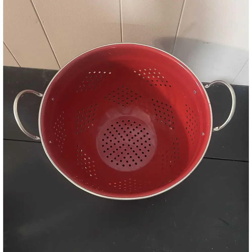 Vintage Red Enamel Colander Strainer Footed Pedestal Retro